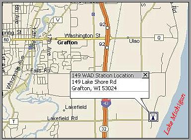 Map showing the location of WAD at 149 Lake Shore Rd. in Grafton,WI