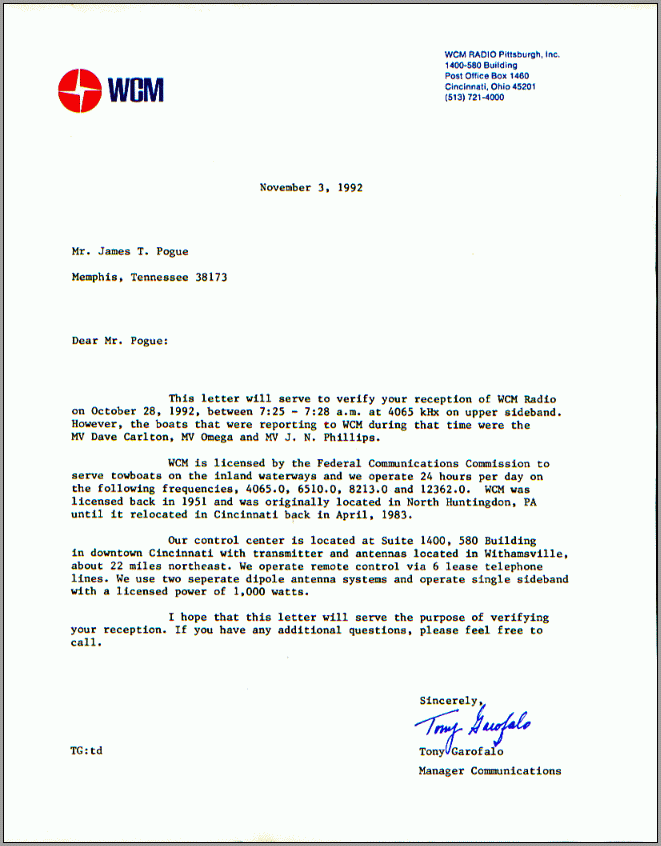 1992 WCM QSL in letter form signed by Tony Garofalo