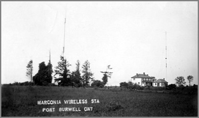 Photo showing 2 buildings and 2 tall antenna masts all in the distance