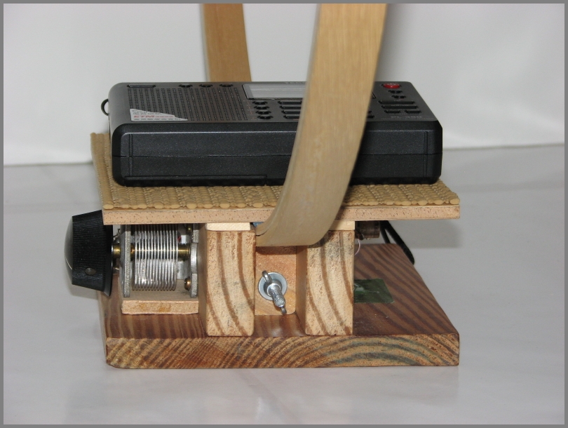 Base of Quilting Hoop Loop showing the tuning capacitor and hoop tension bold and wing nut